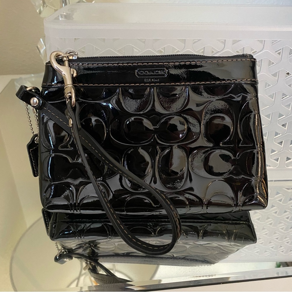 Coach small black patent leather wristlet